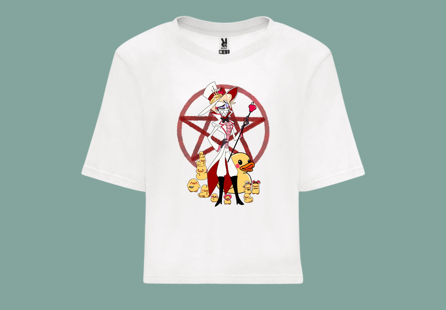 Camiseta blanca croptop hazbin hotel lucifer patitos