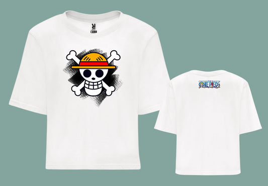 Camiseta blanca croptop one piece bandera sombreros de paja logo anime