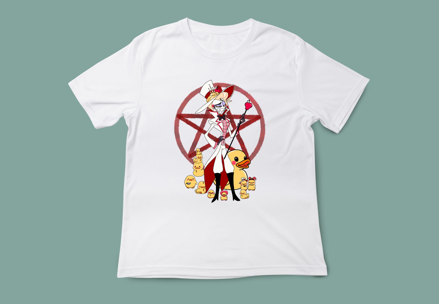 Camiseta blanca unisex hazbin hotel lucifer patitos