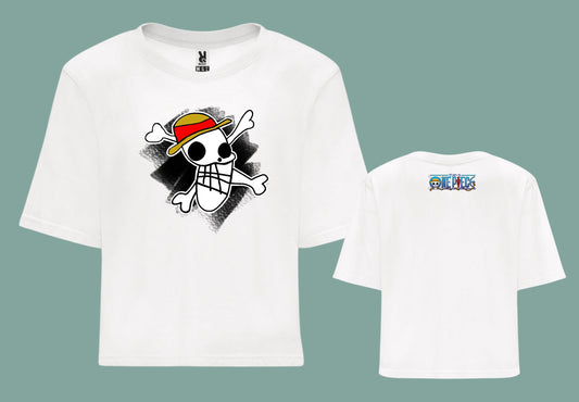 Camiseta croptop en color blanco con ilustración delantera y trasera con la bandera de One piece.