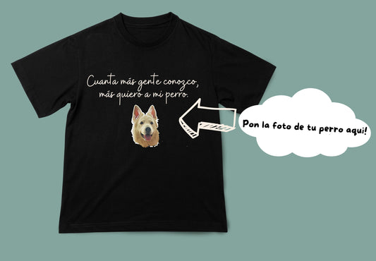 Camiseta unisex negra cuanta mas gente conozco versión perro.