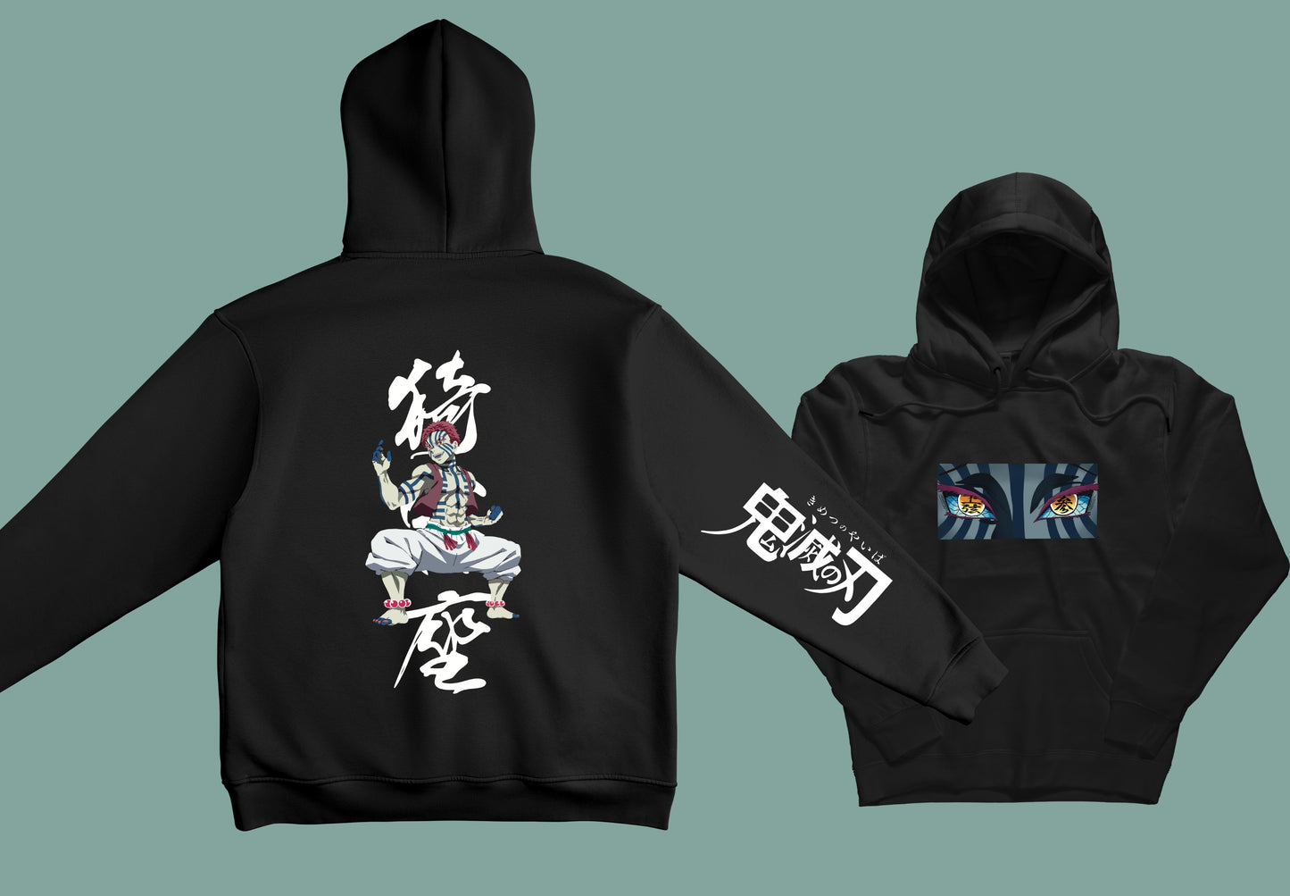 Imagen de frente sudadera negra con ilustración de luna superior Akaza de Kimetsu no Yaiba. Sudadera negra de anime.