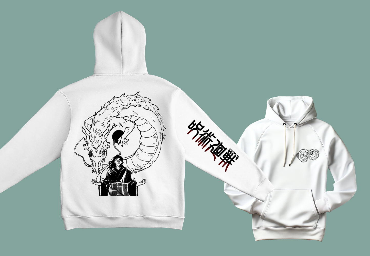sudadera Geto dragón blanca dibujo delantero, trasero y manga