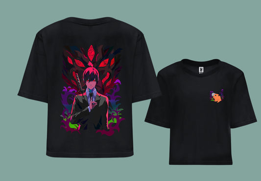 Camiseta con ilustración de Aki, personaje del anime / manga de Chainsaw man. Camiseta con amplitud de tallas y colores. Corte croptop.