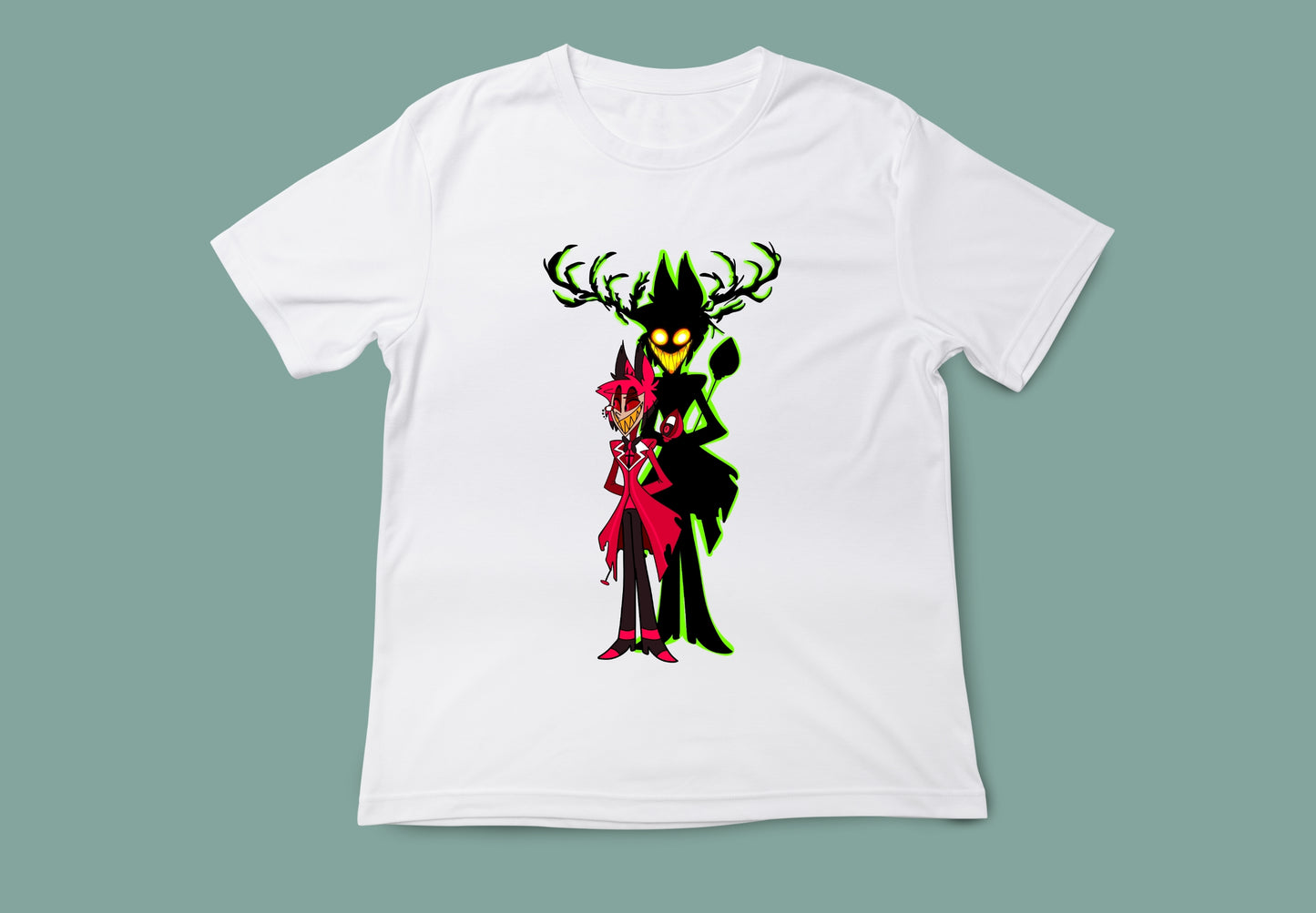Camiseta ilustración Alastor Hazbin Hotel. Camiseta corte unisex en color blanco.