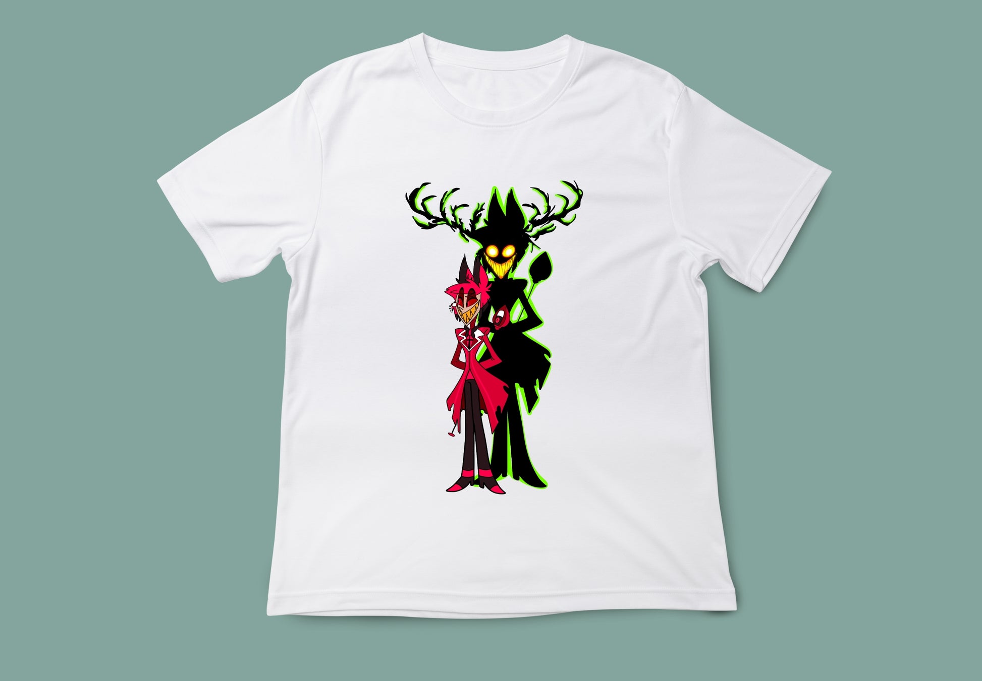 Camiseta ilustración Alastor Hazbin Hotel. Camiseta corte unisex en color blanco.