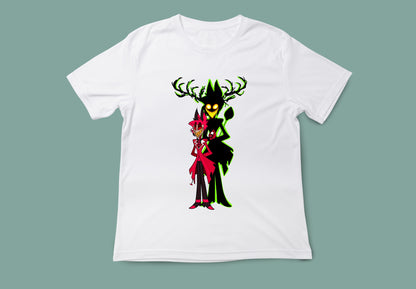 Camiseta ilustración Alastor Hazbin Hotel. Camiseta corte unisex en color blanco.