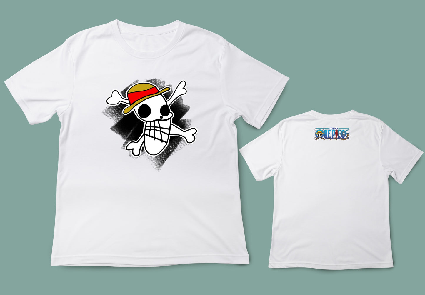 Camiseta unisex en color blanco con ilustración delantera y trasera con la bandera de One piece.