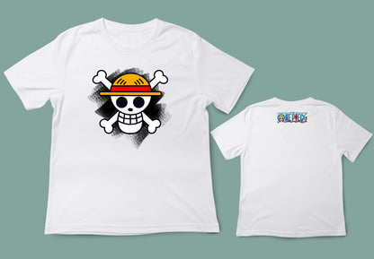 Camiseta blanca unisex one piece bandera sombreros de paja logo anime