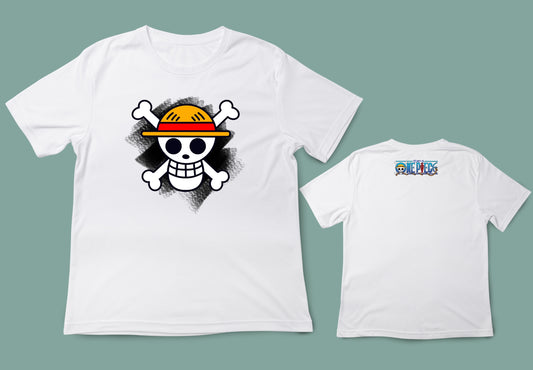 Camiseta blanca unisex one piece bandera sombreros de paja logo anime