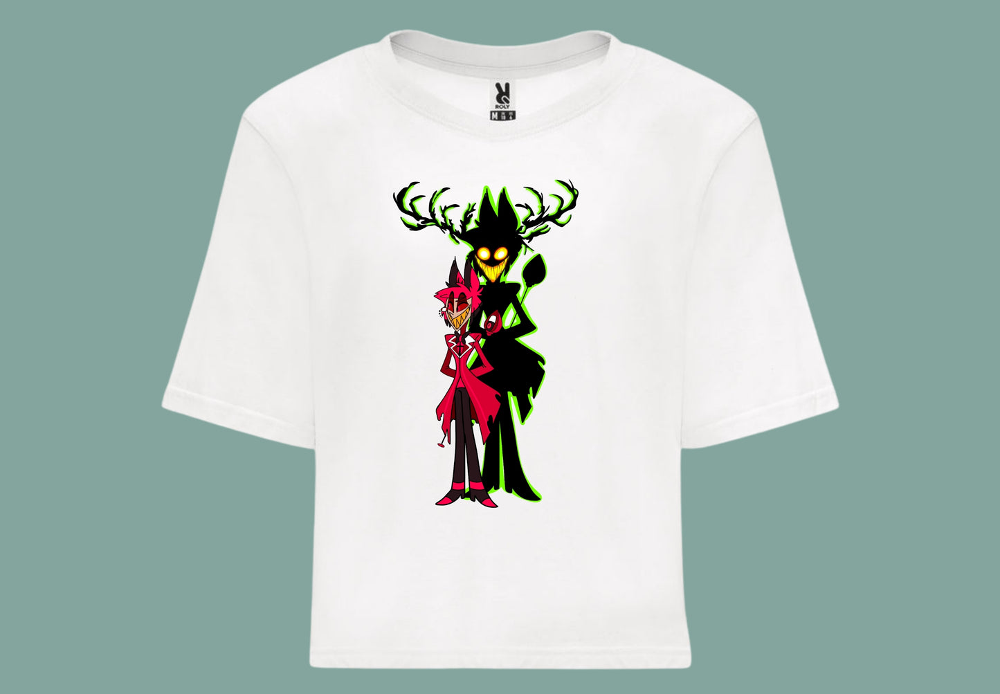 Camiseta ilustración Alastor Hazbin Hotel. Camiseta corte croptop en color blanco.