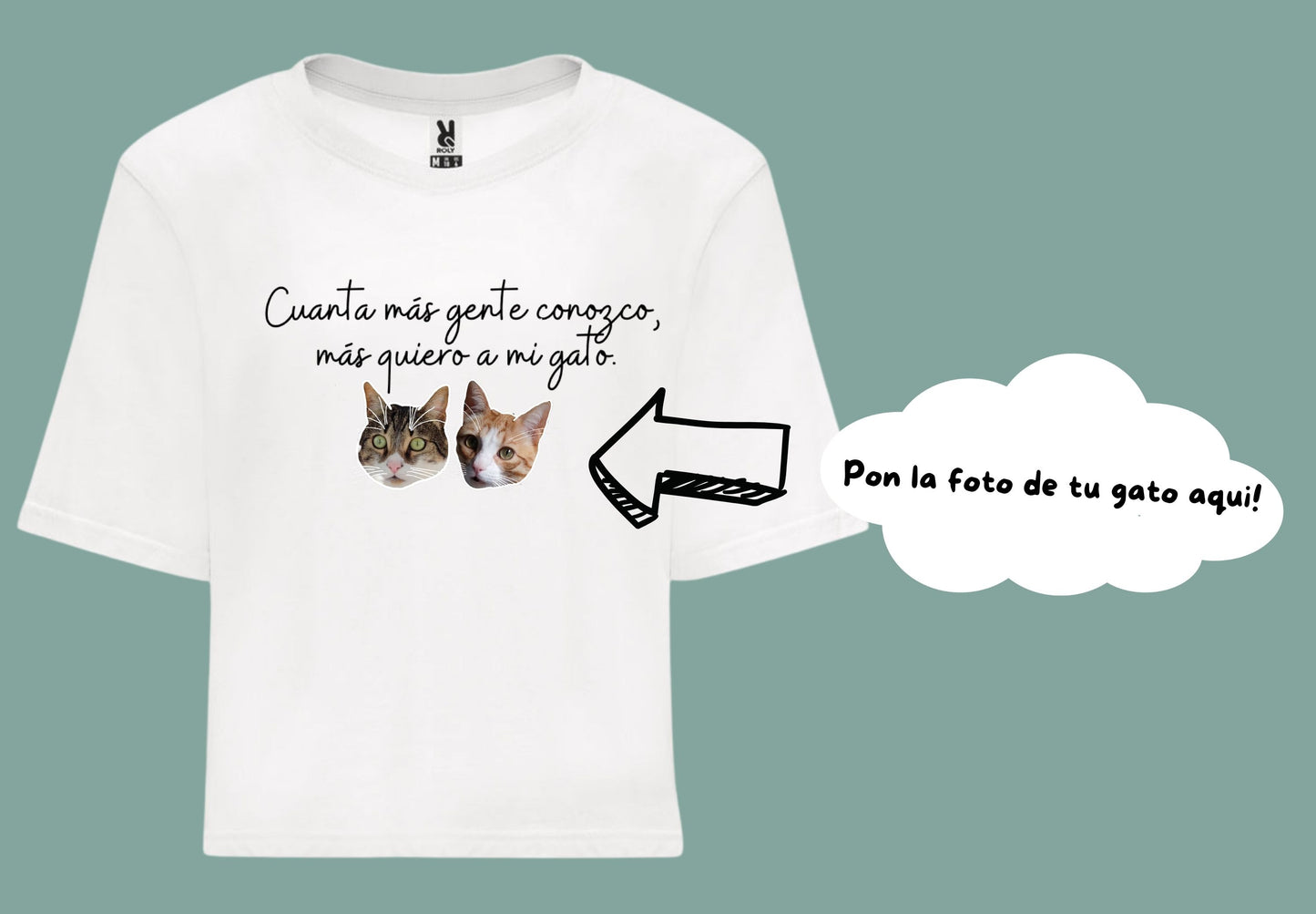 Camiseta croptop blanca cuanta mas gente conozco versión gato