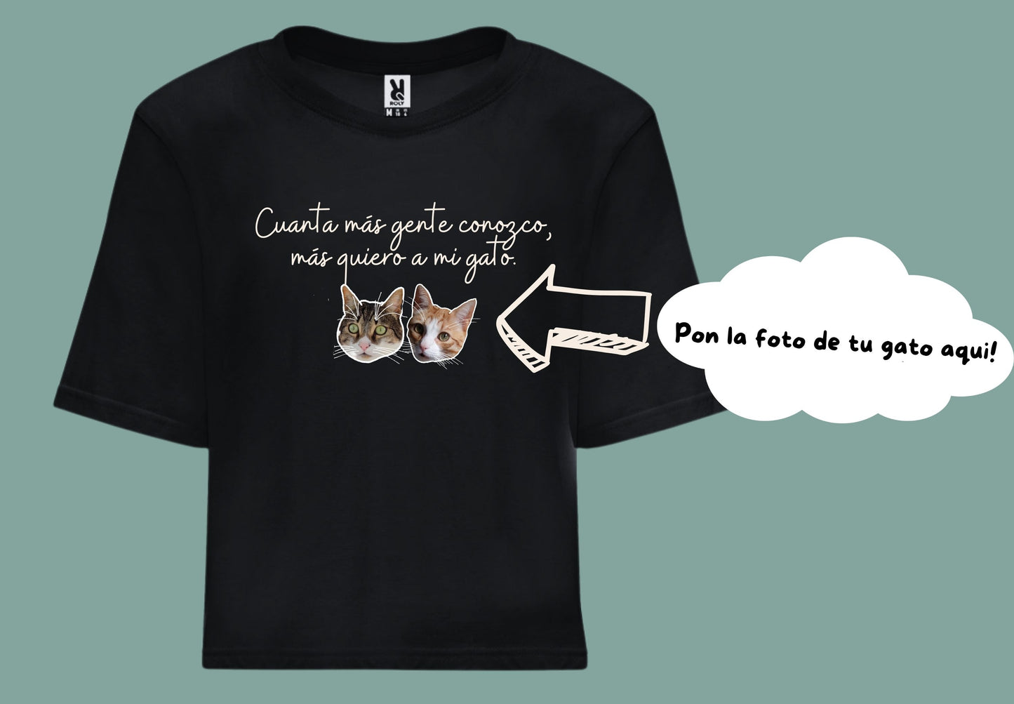 Camiseta croptop negra cuanta mas gente conozco, versión gato.