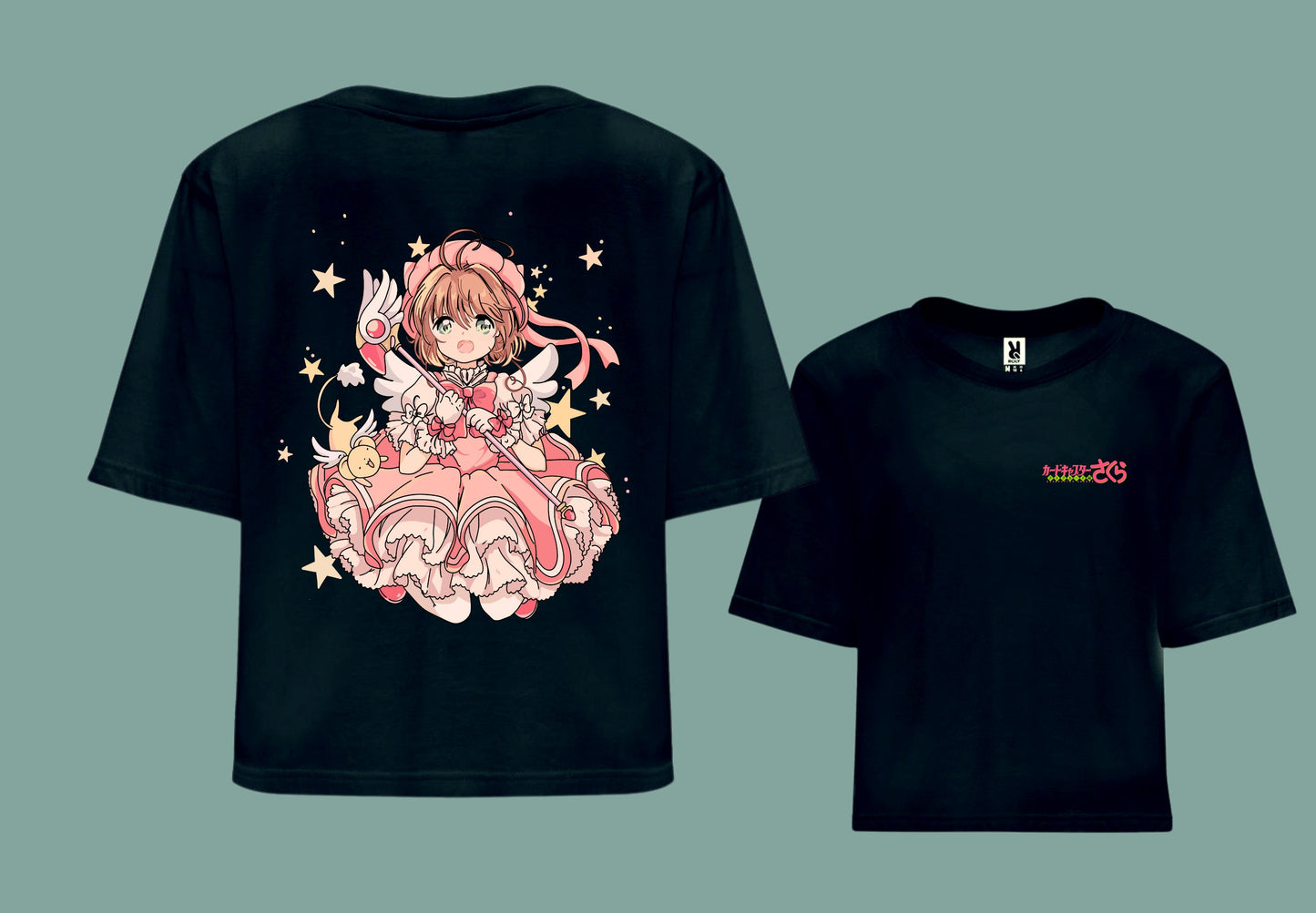 Camiseta croptop negra sakura card captor vista frente y espalda