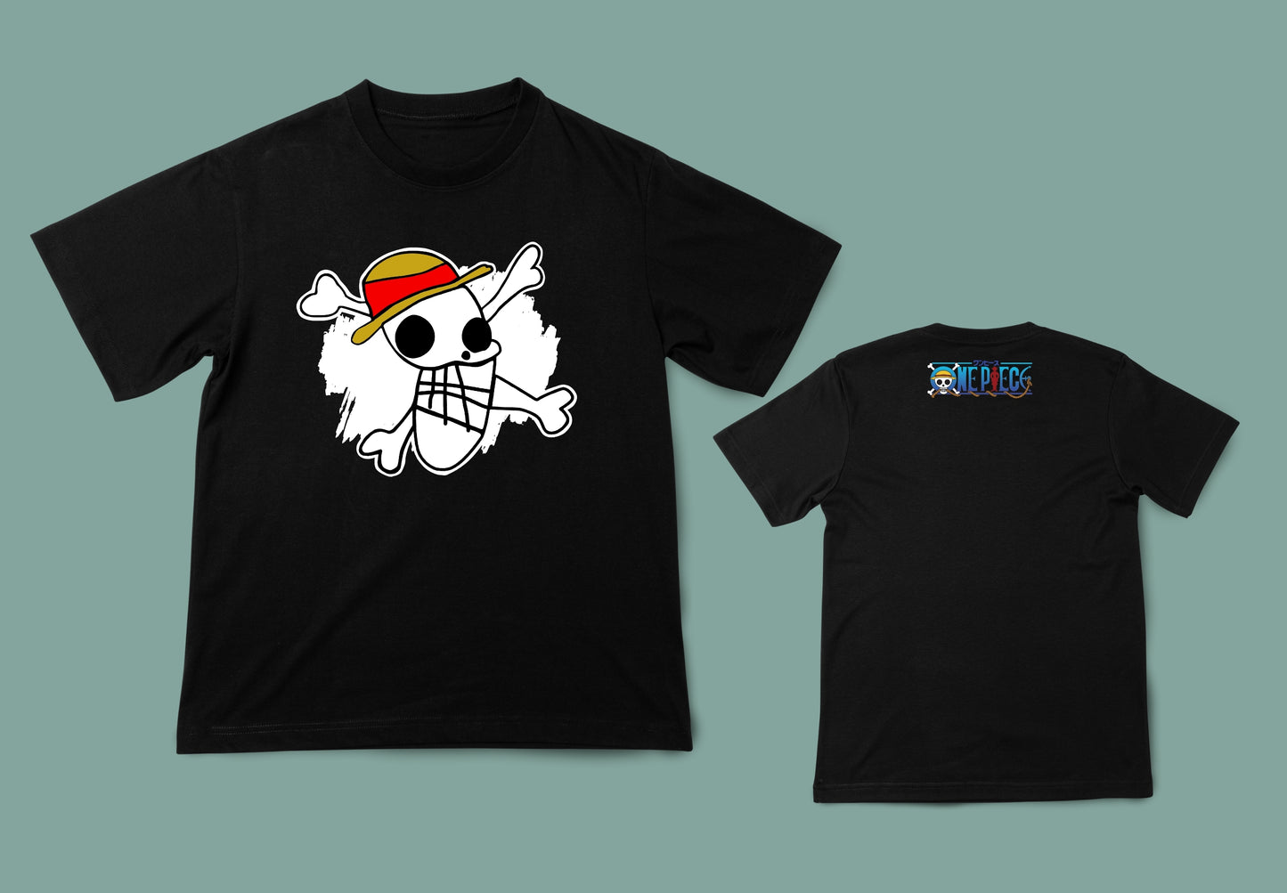 Camiseta unisex en color negro con ilustración delantera y trasera con la bandera de One piece.