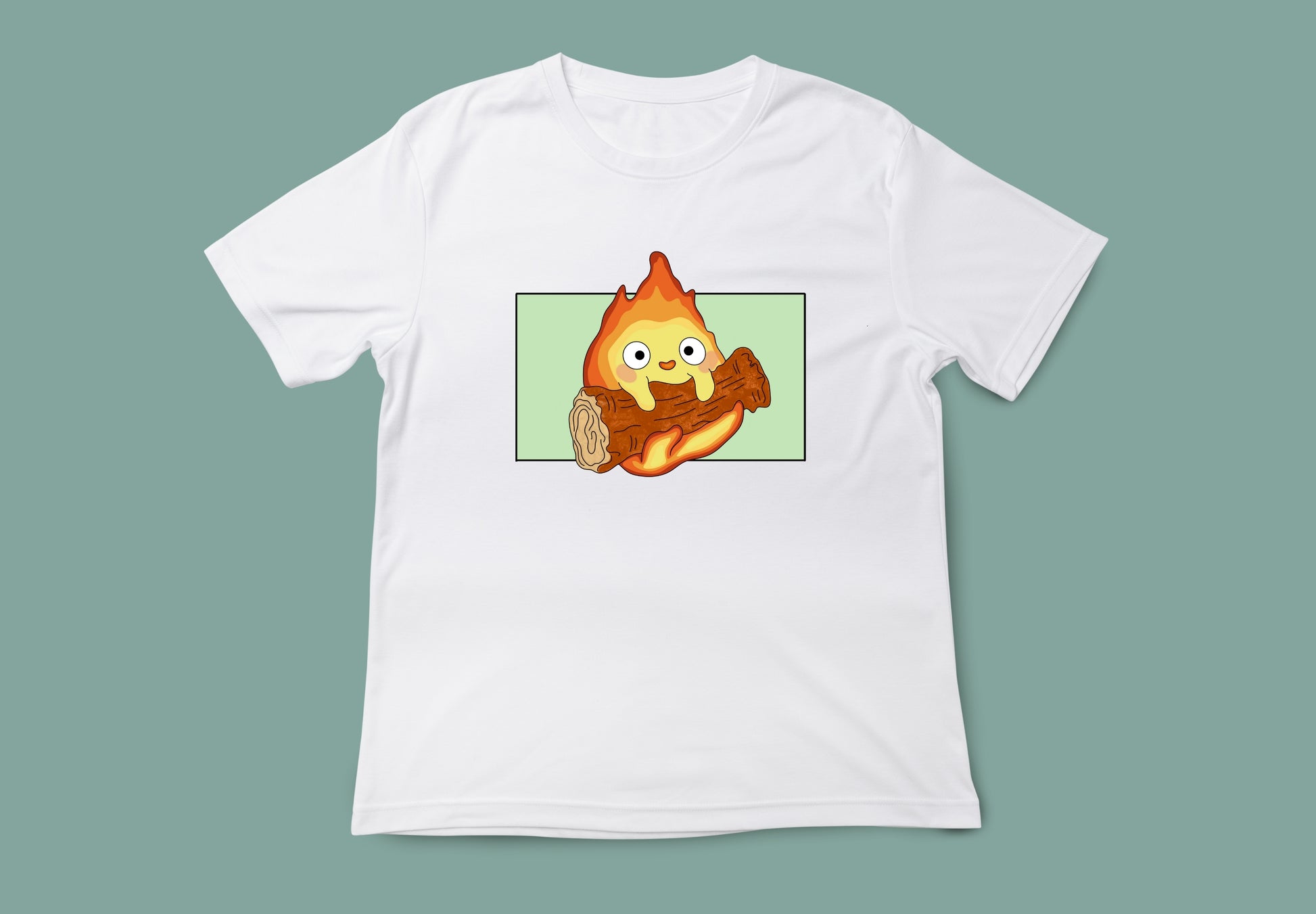 Camiseta en color blanco unisex con ilustración de Calcifer. Vista delantera.