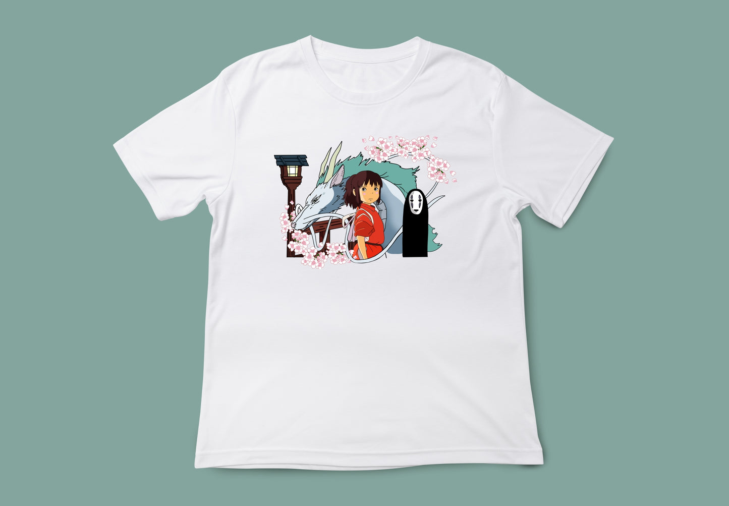 Camiseta unisex en color blanco con ilustración de los personajes de el Viaje de chihiro. 