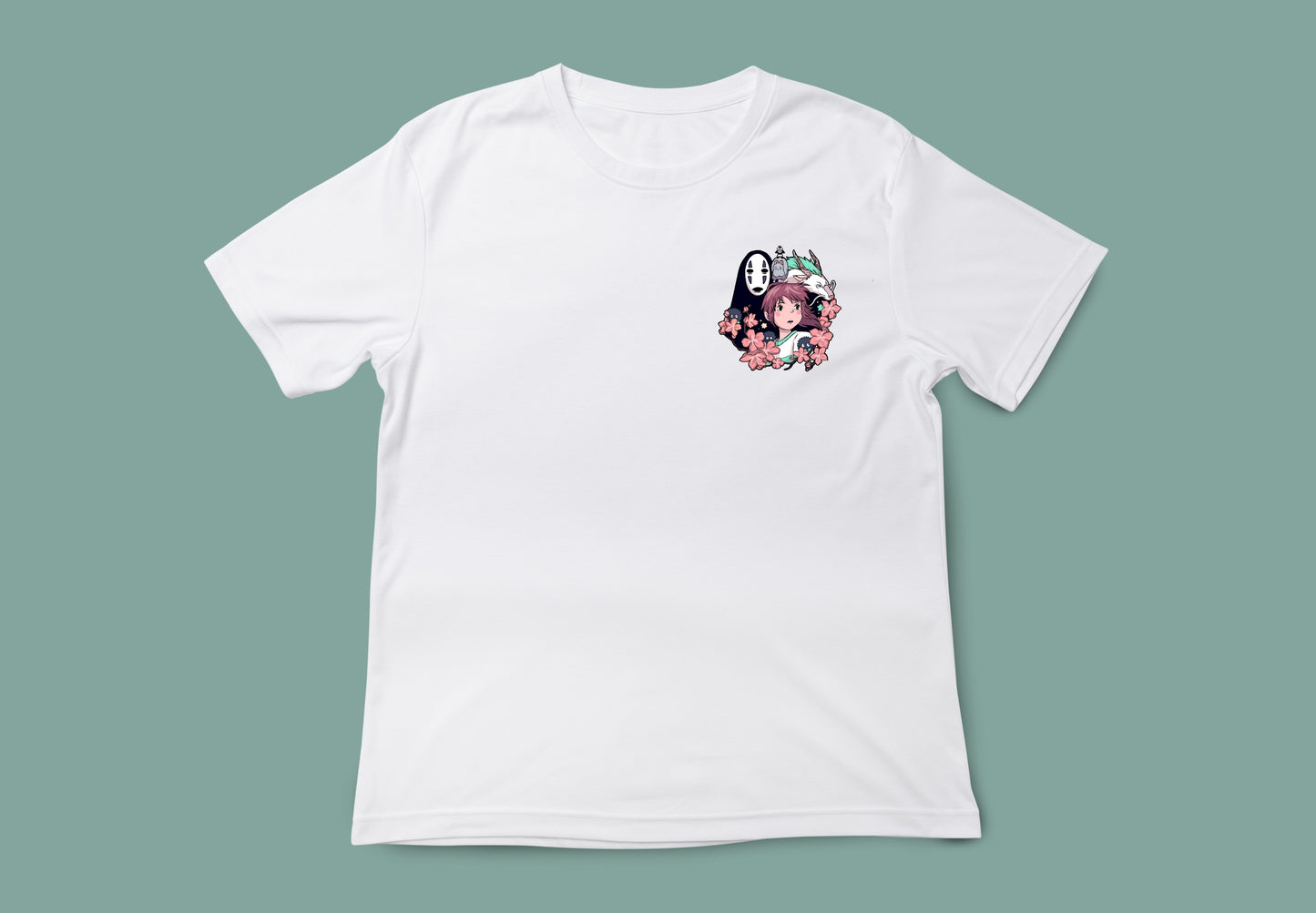 Camiseta blanca unisex Chihiro. Vista frontal. Impresión pequeña