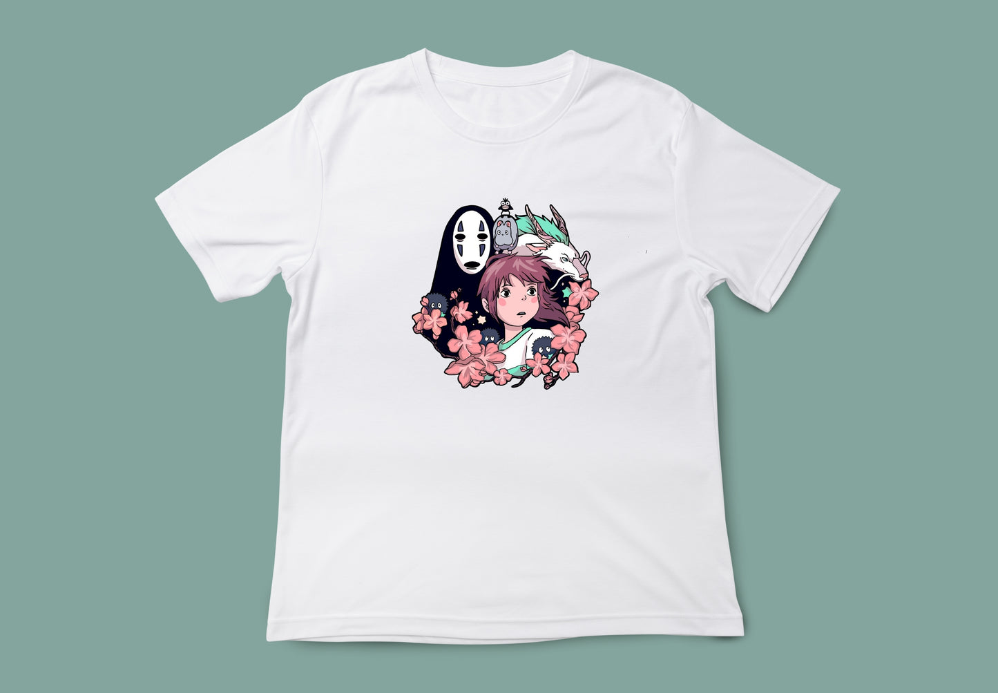 Camiseta blanca unisex Chihiro. Vista frontal. Impresión grande