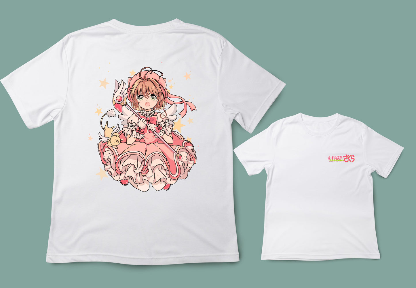 Camiseta unisex blanca sakura card captor vista frente y espalda