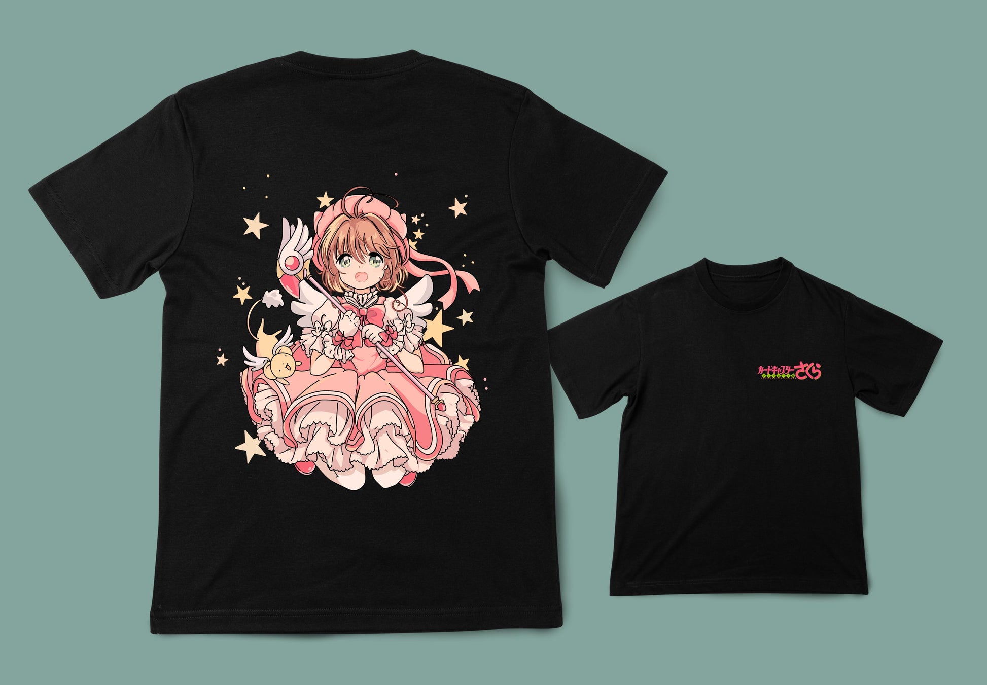 Camiseta unisex negra sakura card captor frente y espalda.