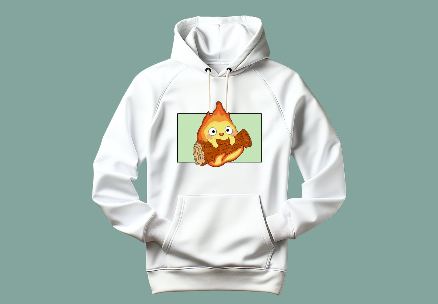 Sudadera en color blanco unisex con ilustración de Calcifer. Vista delantera.