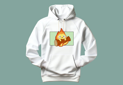 Sudadera en color blanco unisex con ilustración de Calcifer. Vista delantera.