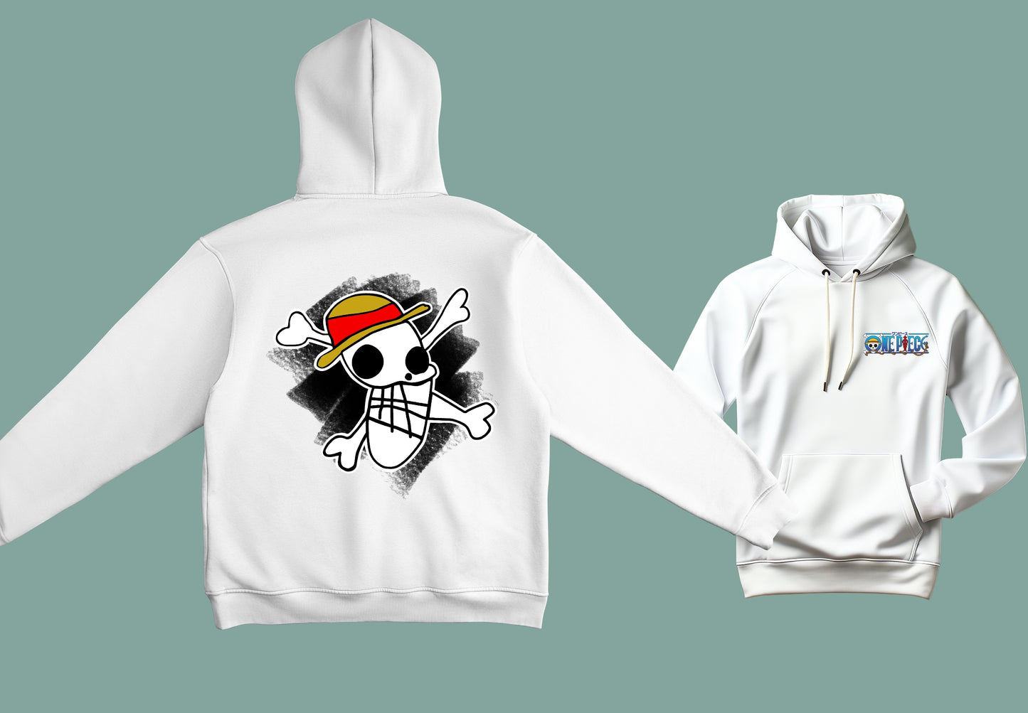 Sudadera unisex en color blanco con ilustración delantera y trasera con la bandera de One piece.