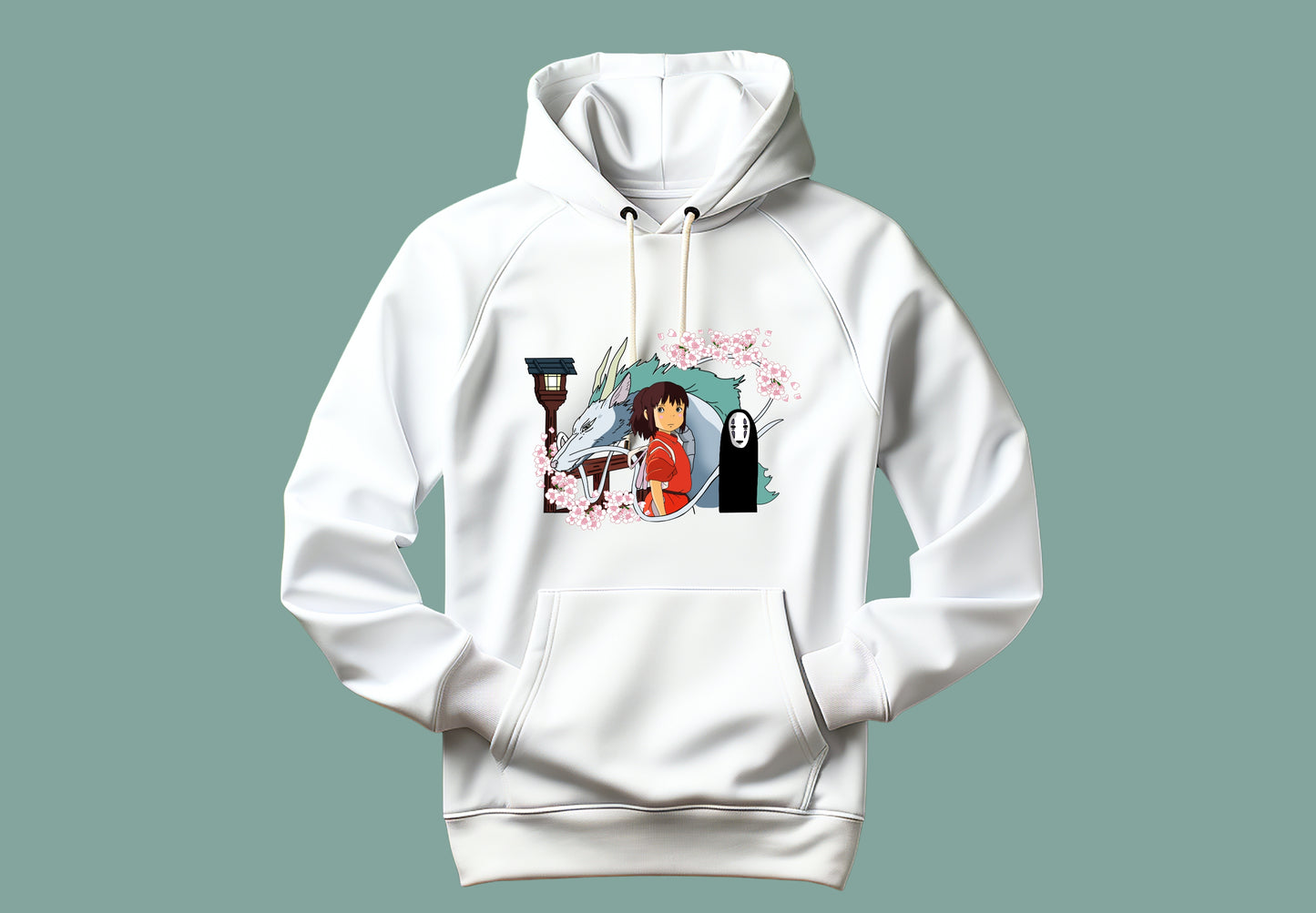 Sudadera unisex en color blanca con ilustración de los personajes de el Viaje de chihiro. 