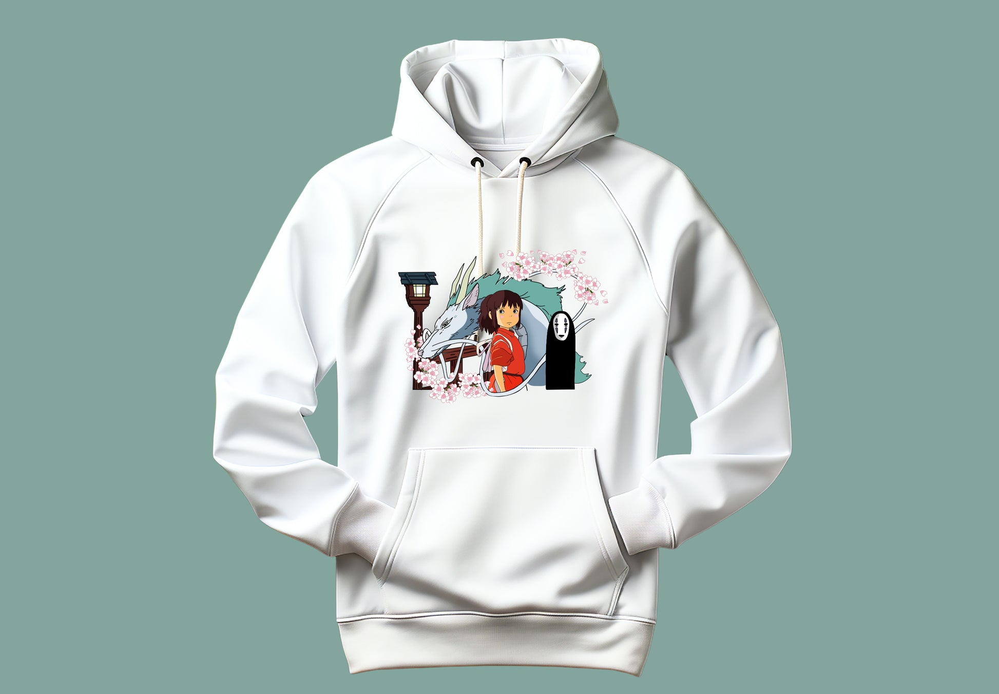 Sudadera unisex en color blanca con ilustración de los personajes de el Viaje de chihiro. 