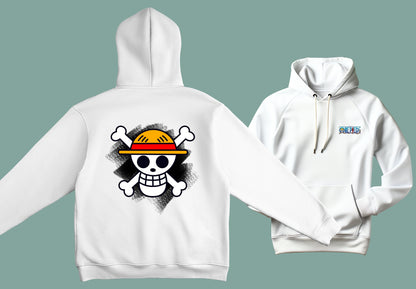 Sudadera  blanca unisex one piece bandera sombreros de paja logo anime