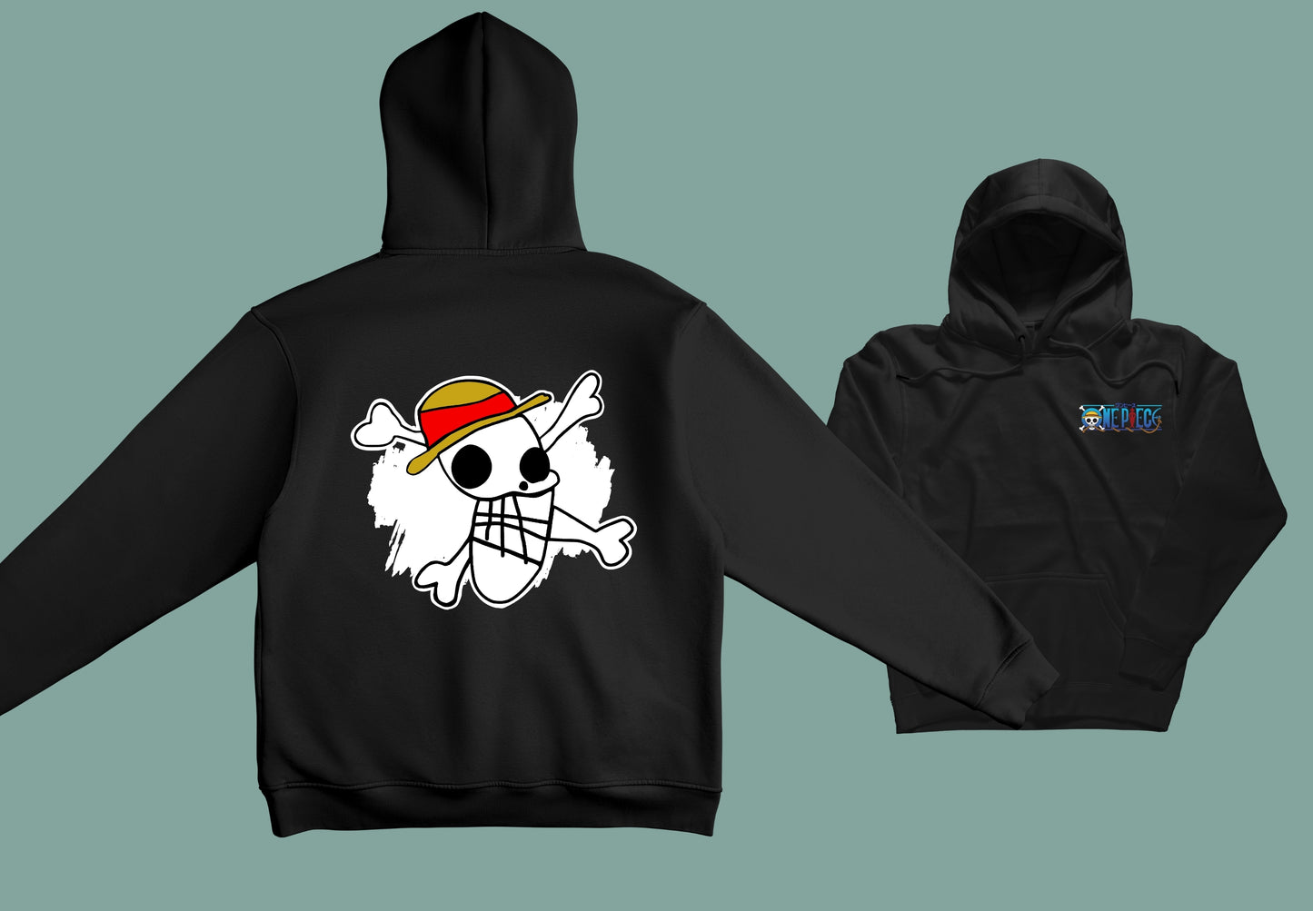 Sudadera unisex en color negro con ilustración delantera y trasera con la bandera de One piece.