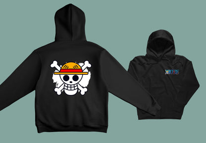 Sudadera negra unisex one piece bandera sombreros de paja logo anime