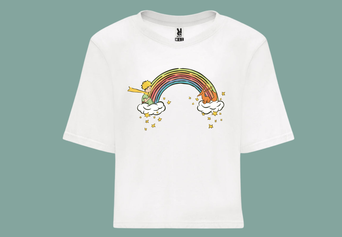 camiseta croptop blanca el principito arcoiris vista delantera