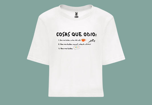 camiseta croptop cosas que odio vista delantera. frase con dibujos