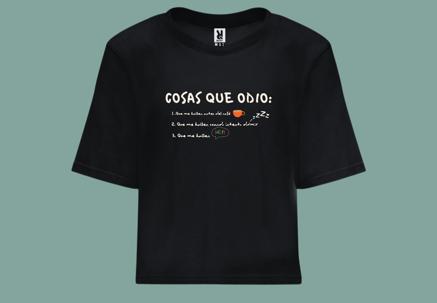 camiseta croptop  negra cosas que odio vista delantera. frase con dibujos