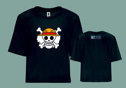 camiseta negra croptop one piece bandera sombreros de paja logo anime