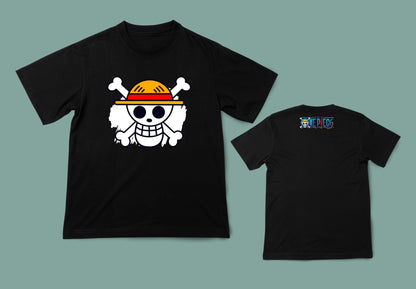 camiseta negra unisex one piece bandera sombreros de paja logo anime