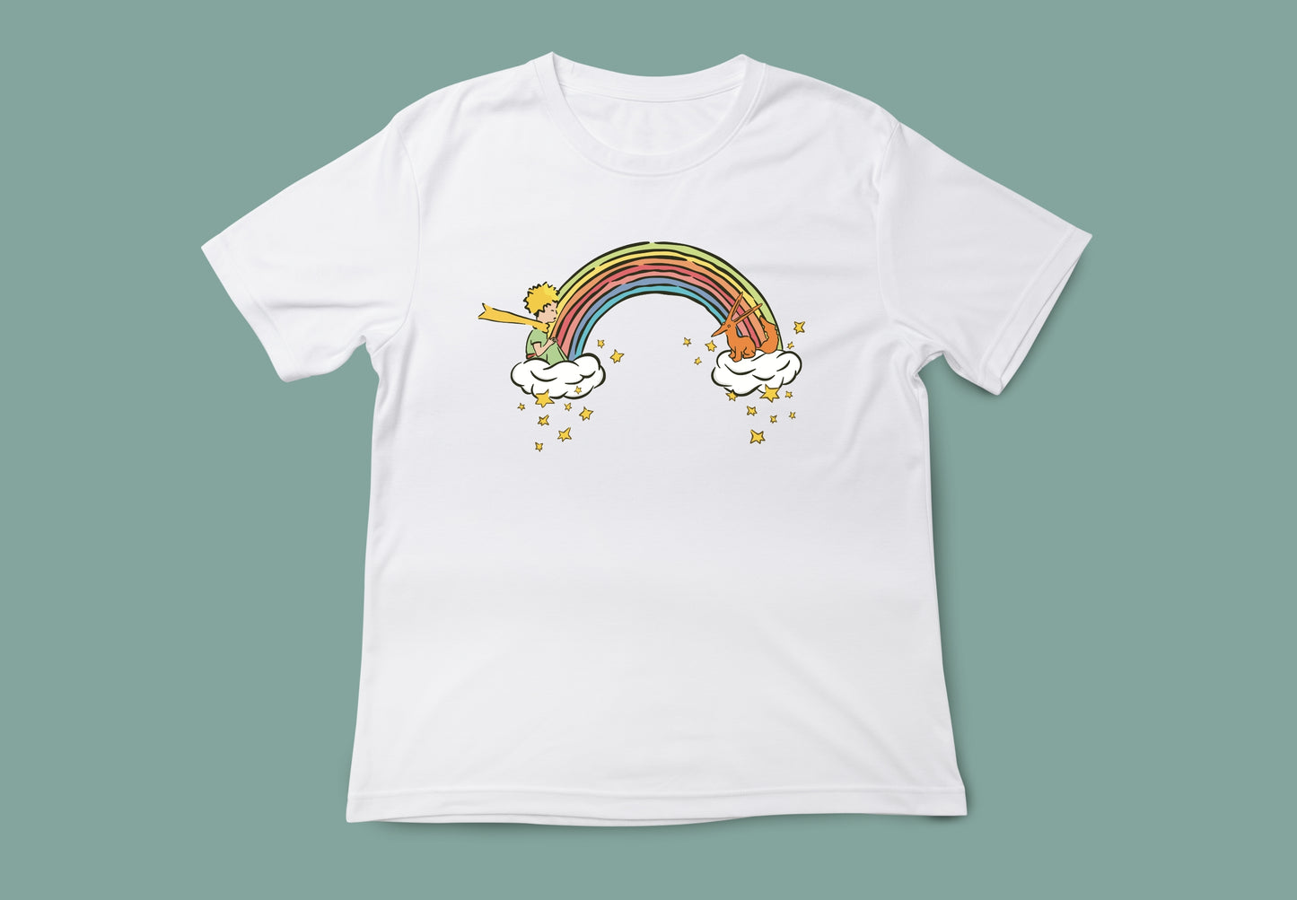 camiseta unisex blanca el principito arcoiris vista delantera