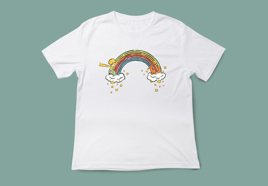 camiseta unisex blanca el principito arcoiris vista delantera