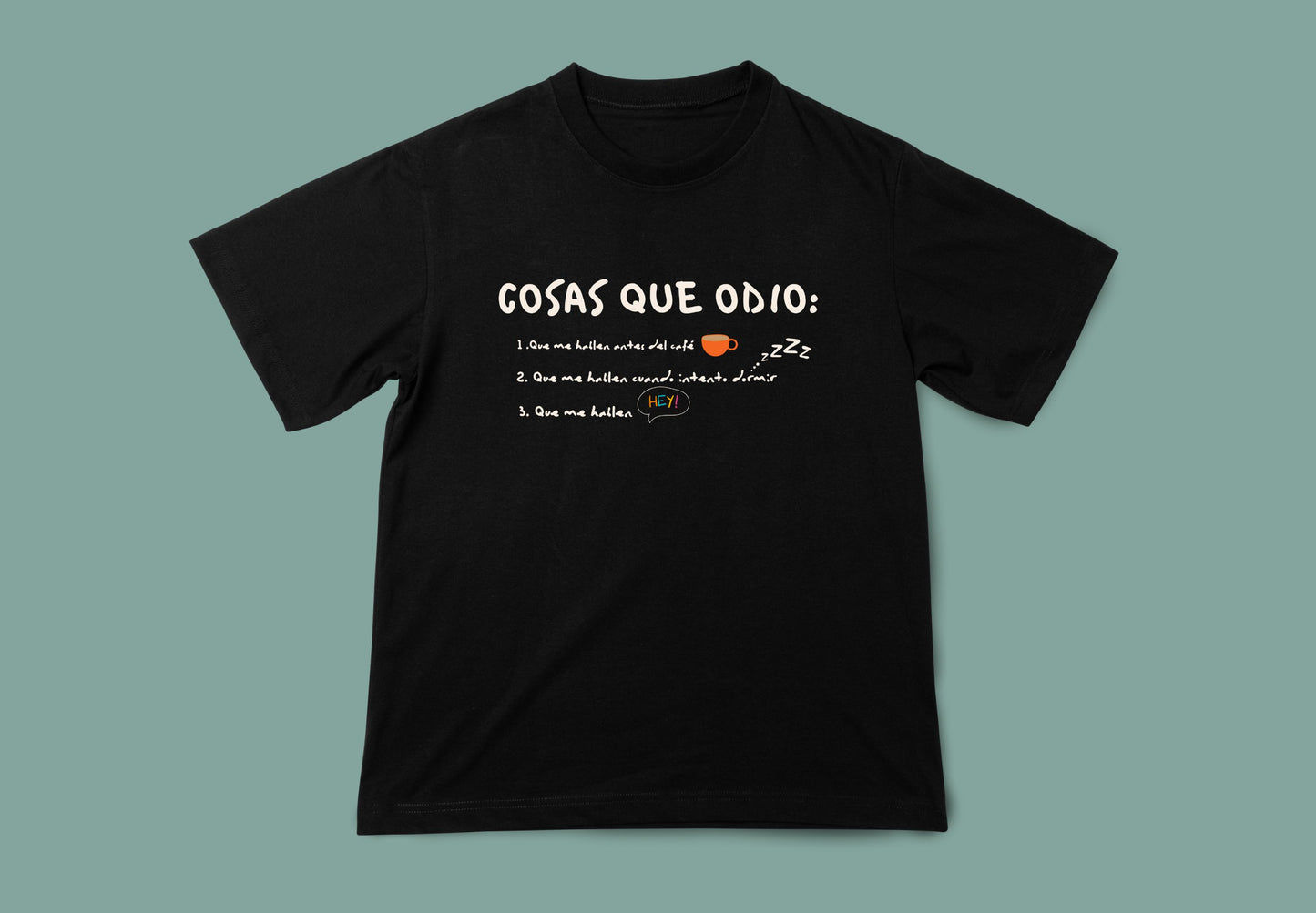 camiseta unisex negra cosas que odio vista 